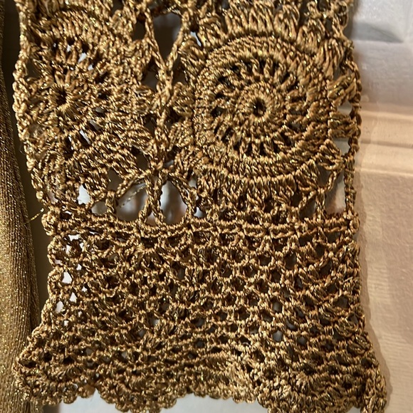 Vtg 90s Y2K gold threaded CROCHET sleeve sweater top S M disco jeans glam boho - Picture 8 of 9